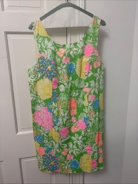 Lilly Pultizer Green Floral Sleeveless Shift Dress - Pink, Yellow & Blue Accents